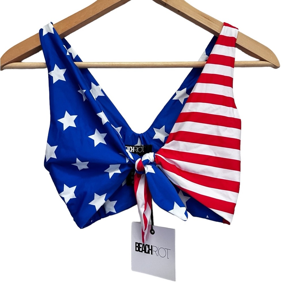 Beach Riot Dallas Bikini Top American Flag Patriotic Tie Front XS NWT